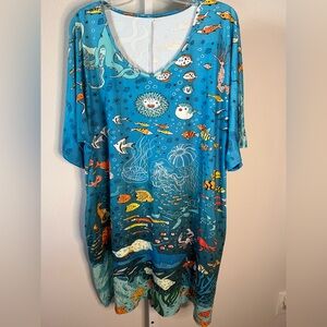 NWOT Ocean Print V-Neck Tunic Dress - Bright Teal Blue